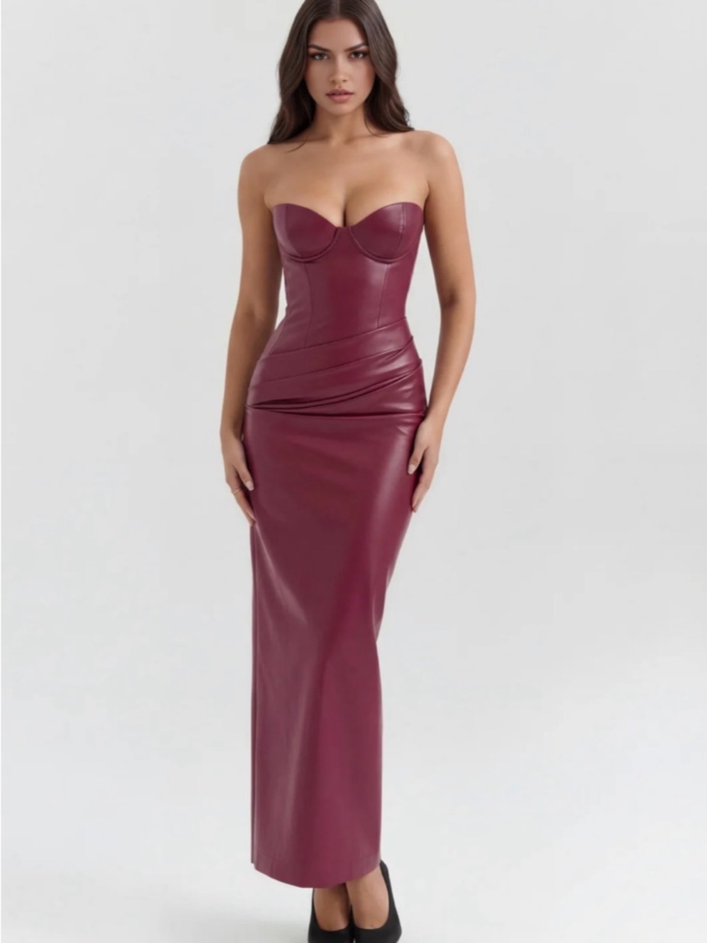 Vanessa Strapless Burgundy Faux Leather Maxi Dress